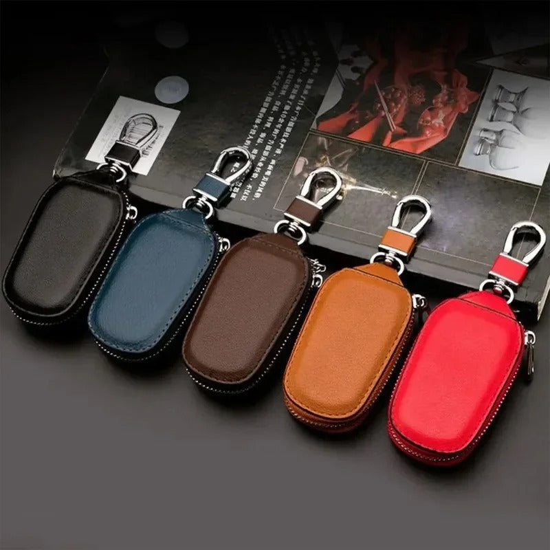 Leather Car Key Holder – Zipper Keychain Organizer with Metal Hook - Delicate Leather  