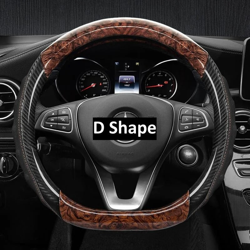 Wood Grain PU Leather Steering Wheel Cover – Universal 37–38cm Anti-Slip All-Season Grip - Delicate Leather