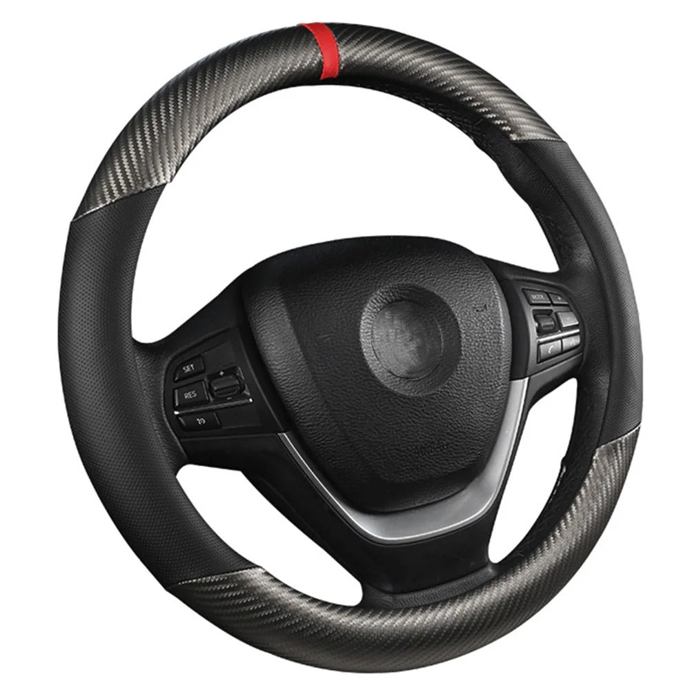 38cm Carbon Fiber Leather Steering Wheel Cover – Breathable, Non-Slip, Compatible with BMW 1/3/5 Series, X1, X3, X5, X6 - Delicate Leather  
