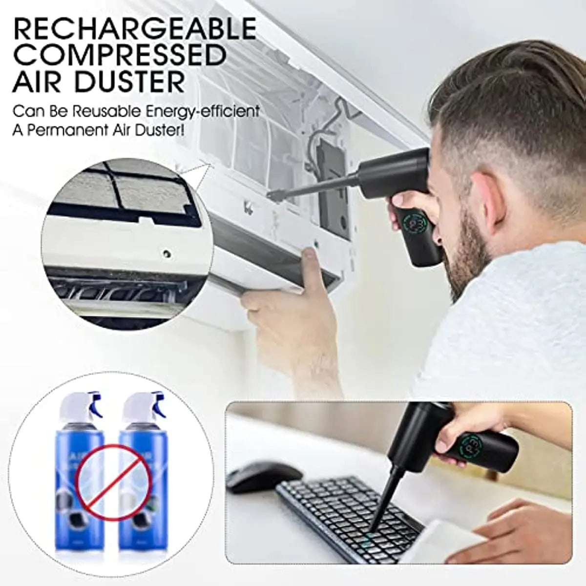 7500mAh Cordless Compressed Air Duster and Vacuum Cleaner – 3-Speed Multi Air Blower for Keyboard and Computer Cleaning - Delicate Leather  