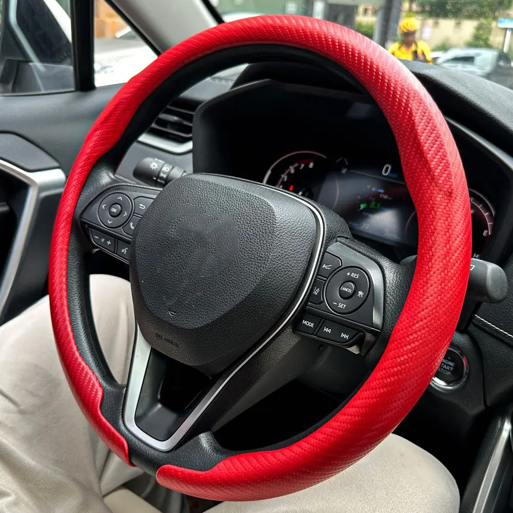 3D Carbon Fiber Texture Steering Wheel Cover – Universal Fit 38cm, Non-Slip, Synthetic Leather - Delicate Leather