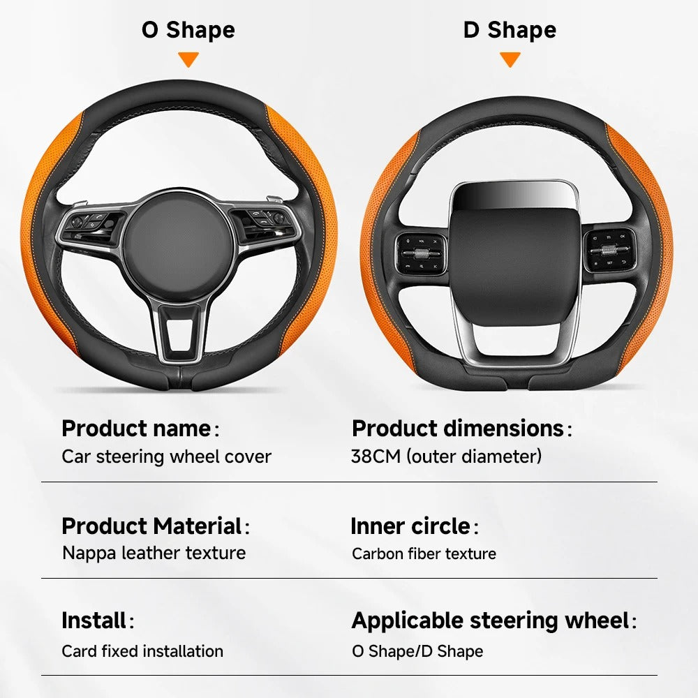 Universal Carbon Fiber Suede Nappa Leather Steering Wheel Cover 38cm – Non-Slip 15 Inch Car Steering Wheel Protector - Delicate Leather