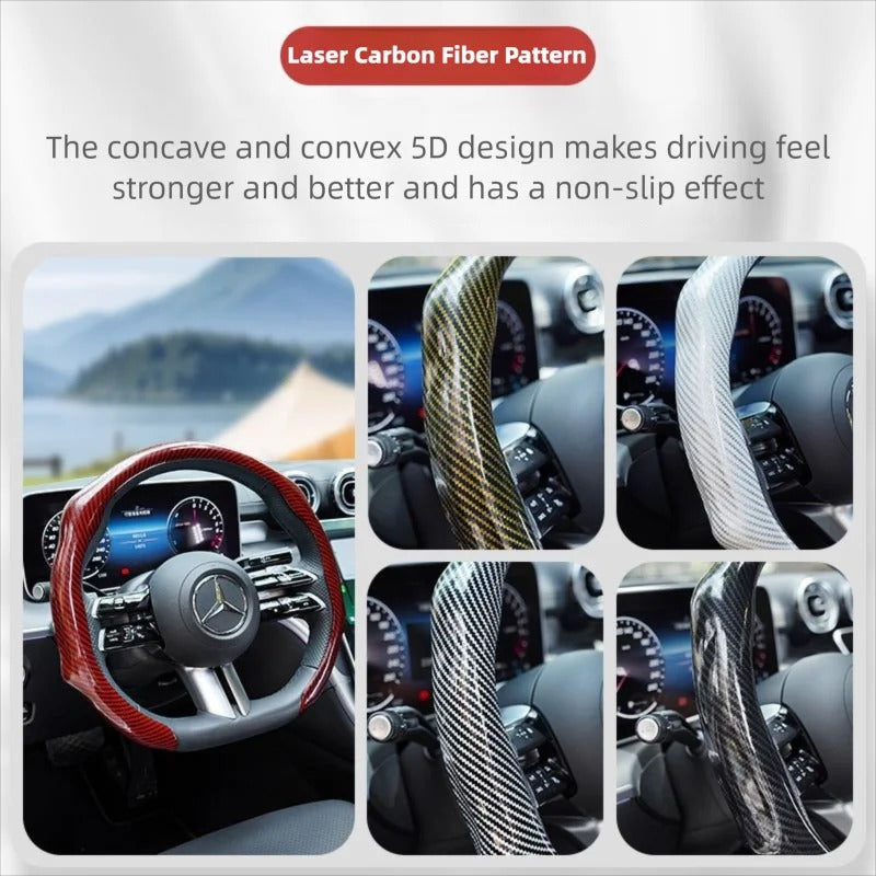 5D Laser Carbon Fiber Pattern Steering Wheel Cover – Universal 38cm Fit, Anti-Slip Synthetic Material - Delicate Leather  