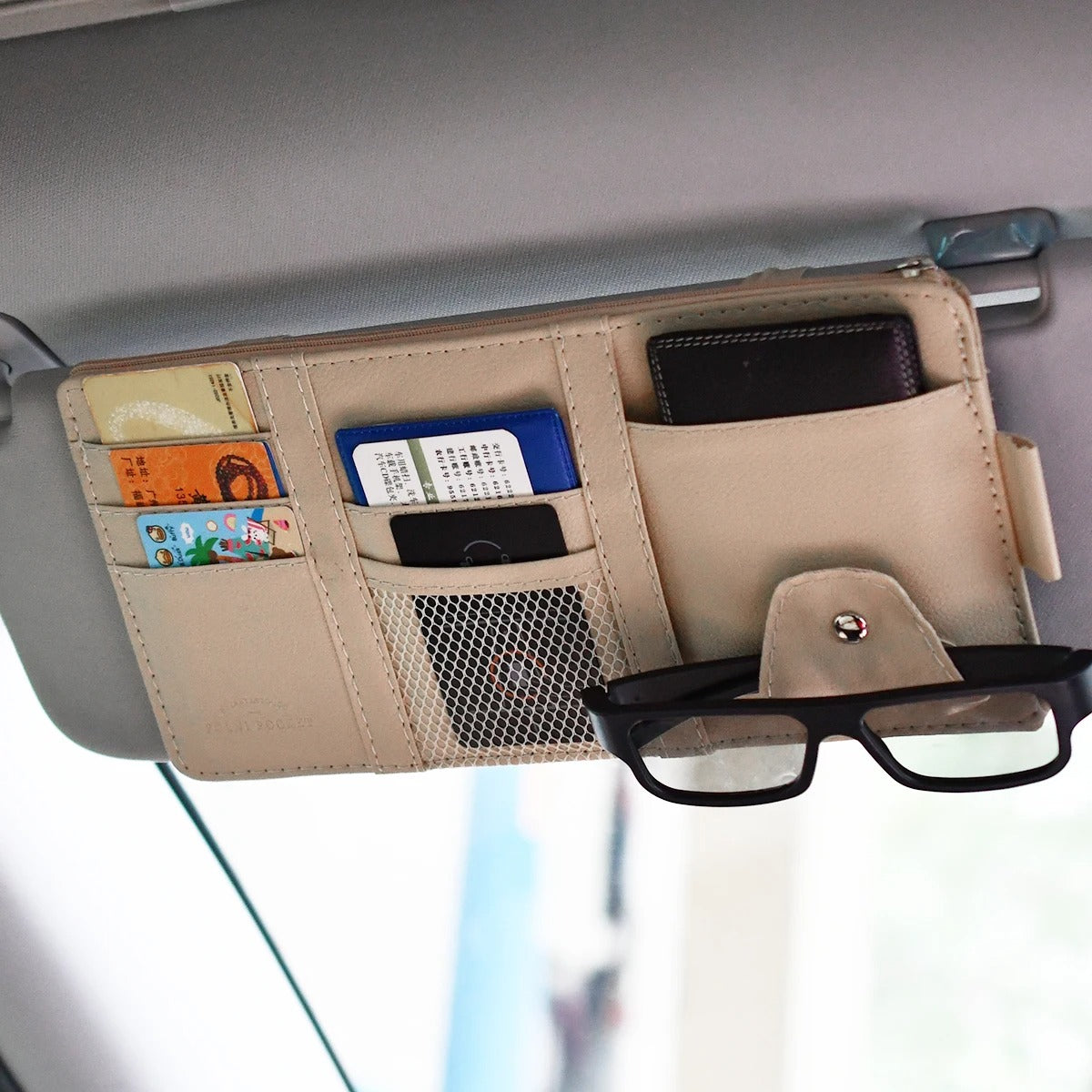 Car Glasses Storage PU Leather Multi-Function Sun Visor Organizer