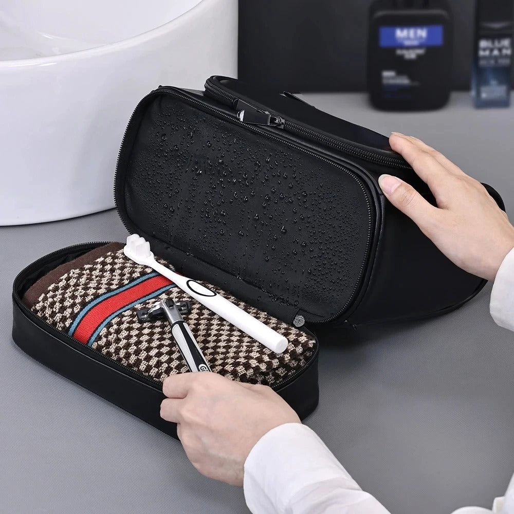 Men's PU Leather Toiletry Bag – Large Capacity Waterproof Travel Toiletry & Makeup Storage Bag with Handle - Delicate Leather