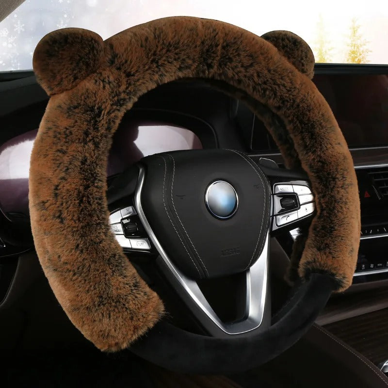 Universal Cute Ear Steering Wheel Cover – Soft Faux Rabbit Fur Plush Car Interior Accessory for Winter, Fits 37–38cm - Delicate Leather  