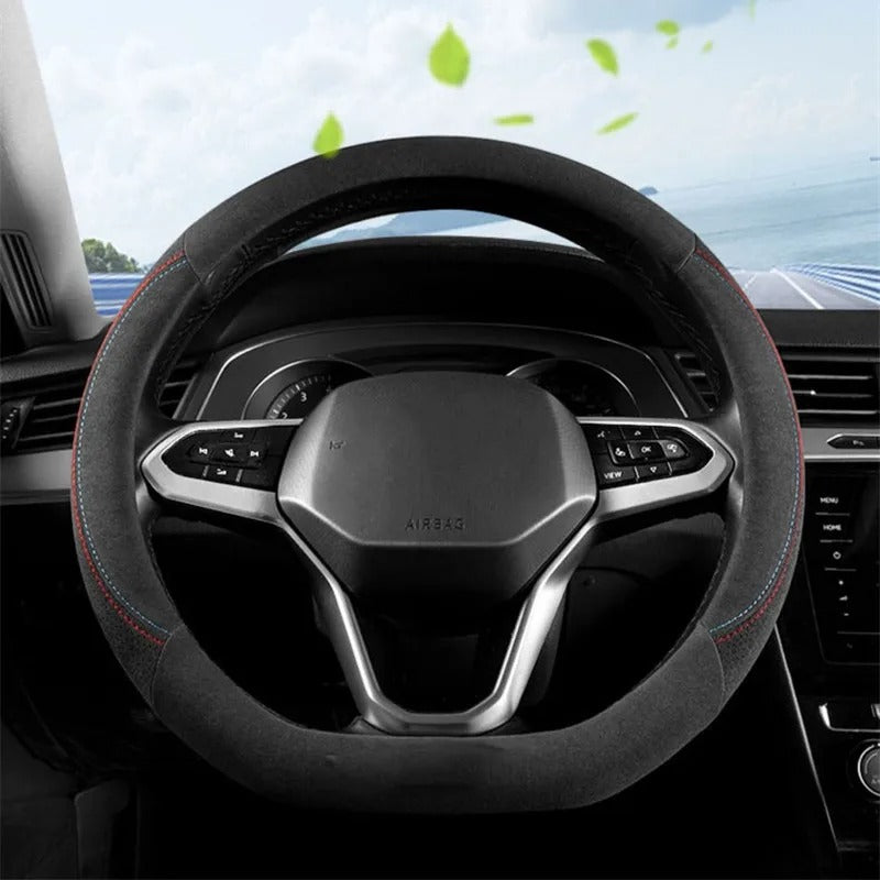 All-Season Suede D-Shaped Steering Wheel Cover – Ultra-Thin Non-Slip Breathable Leather Protector, Universal Fit 38cm - Delicate Leather  