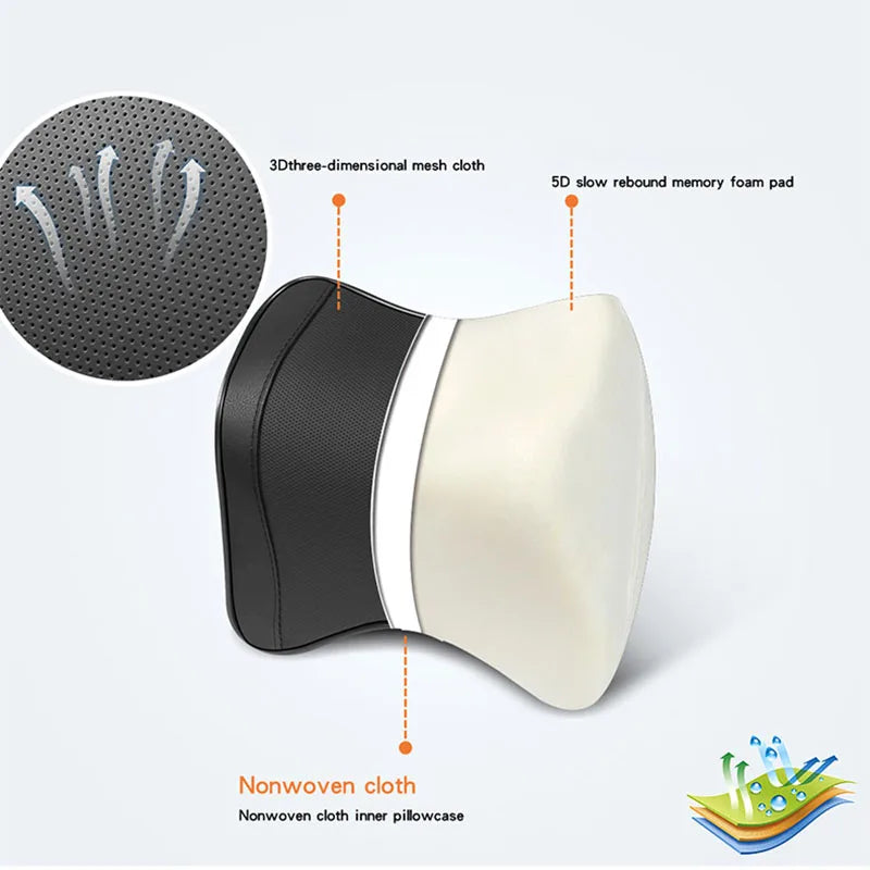 Universal Breathable Memory Foam Car Headrest Pillow – Neck Support Cushion & Lumbar Guard for Comfortable Driving - Delicate Leather  