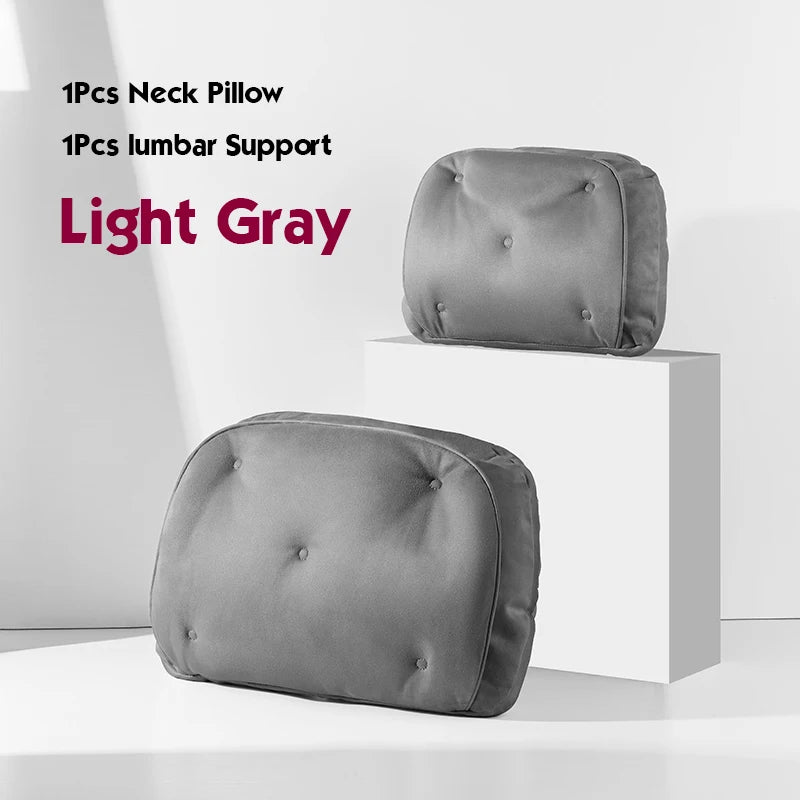 Memory Foam Car Neck Pillow & Lumbar Support Set – Breathable Seat Comfort Cushions - Delicate Leather  