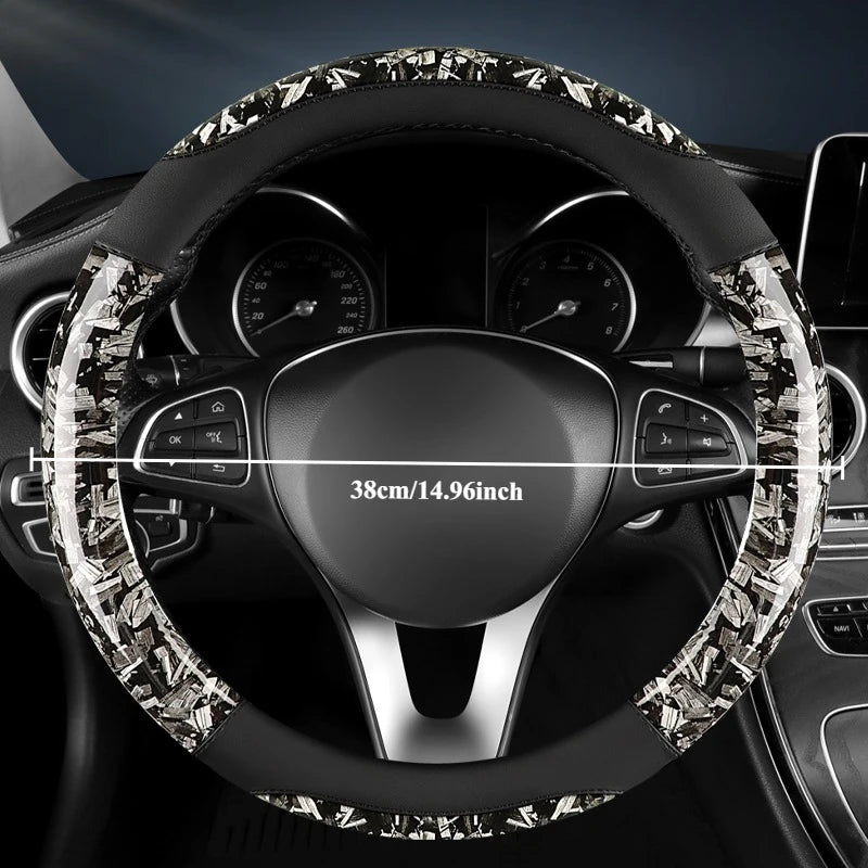 Crystal Carbon Fiber & Leather Steering Wheel Cover 15 Inch – Anti-Slip Rubber Grip, All-Season Universal Fit - Delicate Leather  