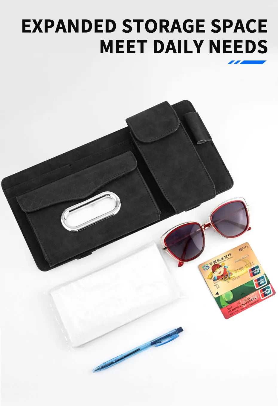 Suede Car Sun Visor Organizer – Glasses Case, Tissue Holder & Multi-Pocket Storage - Delicate Leather  