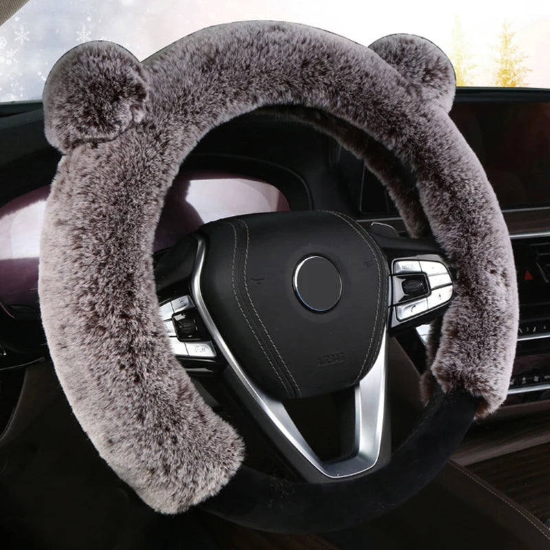 Winter Plush Steering Wheel Cover – Soft Faux Rabbit Fur, Cute Ear Design, Universal Fit 37–38cm - Delicate Leather  