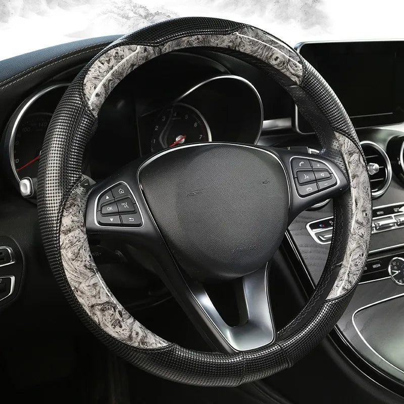Wood Grain Leather Steering Wheel Cover – Universal 37–38CM Non-Slip O/D Shape Grip - Delicate Leather