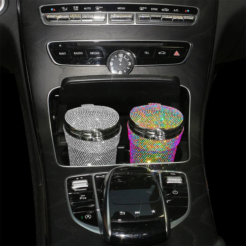 Portable Smokeless Car Ashtray with LED Light – Bling Design Auto Cup Holder Accessory - Delicate Leather  