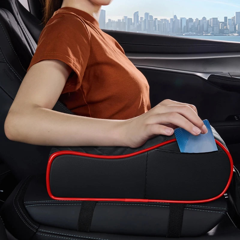 Curved PU Leather Armrest Cushion – Car Center Console Pad with Storage Pocket - Delicate Leather  