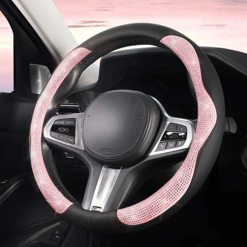 Shining Rhinestone Steering Wheel Cover – Cute Pink PU Leather Car Accessory, Universal 15 inch (38 cm) for All Seasons - Delicate Leather  