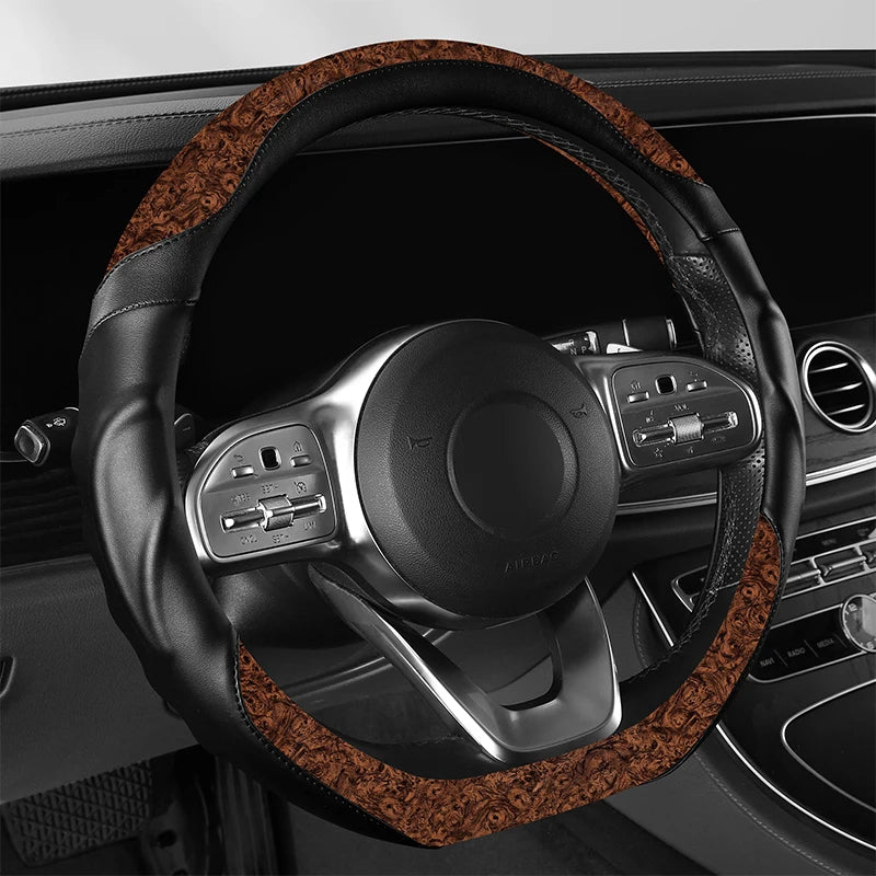 Wood Grain Leather Steering Wheel Cover – Anti-Slip, Universal Fit 14.5–15 Inch, Comfortable All-Season Grip - Delicate Leather  