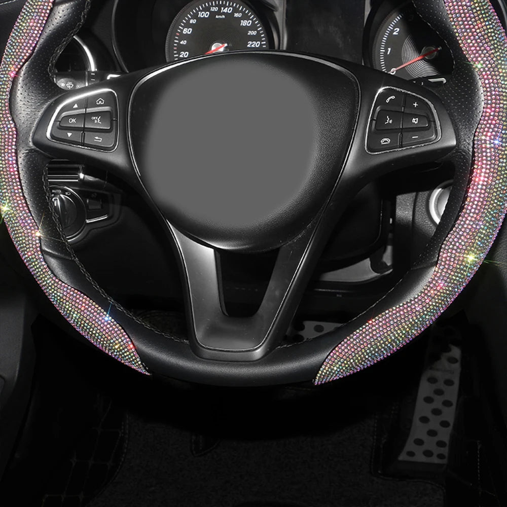 Bling Bling Diamond Steering Wheel Cover Universal Leather Sparkly Wheel Protector Anti-Slip Cover Car Accessories for Women - Delicate Leather  