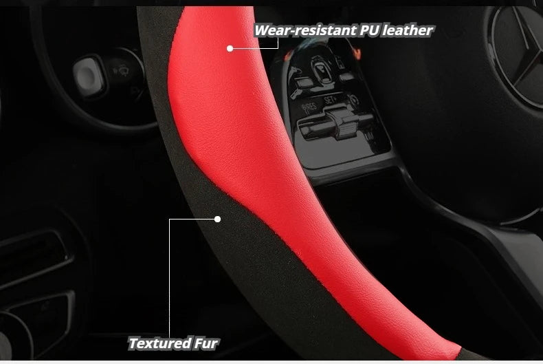 Color-Block Steering Wheel Cover – PU Leather & Suede, Carbon Fiber Style, 14.5–15 Inch Fit - Delicate Leather  