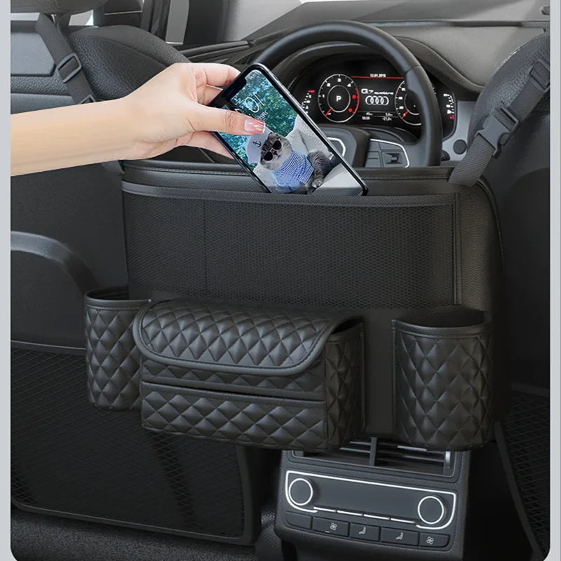 Leather Car Seat Middle Hanger Storage Bag – Luxury Between-Seat Handbag Holder with Tissue & Cup Pockets - Delicate Leather  