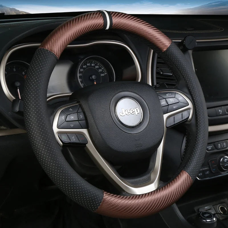Full Leather Car Steering Wheel Cover – Breathable, Anti-Slip, Universal 37–38cm - Delicate Leather  