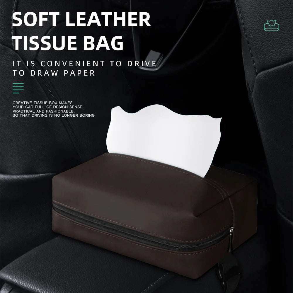 Car Tissue Holder – PU Leather Sun Visor Tissue Box for Center Armrest and Seat Back, Universal Fit - Delicate Leather  