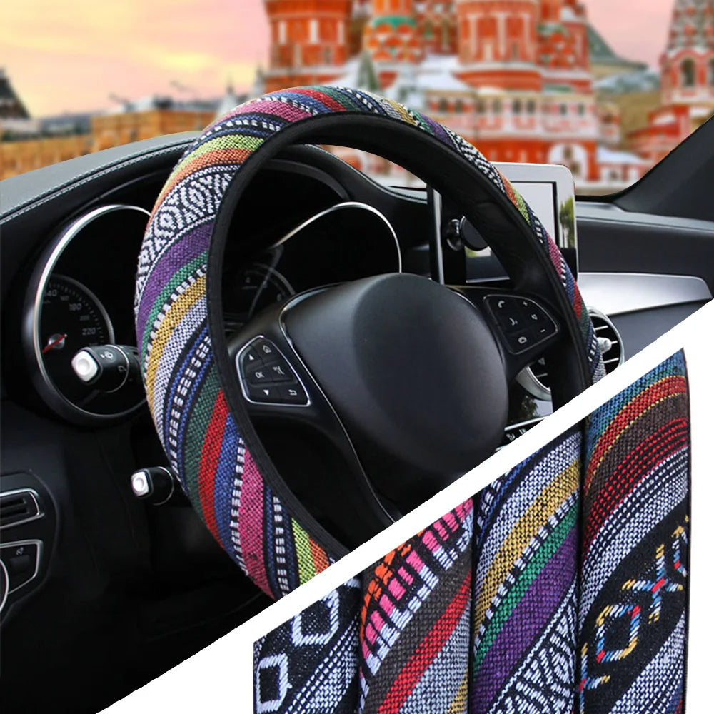 Pack 2 Bohomia Ethnic Style Linen steering wheel cover, Colorful Vintage Steering Wheel Cover, Car Steering Wheel Protection, Car Accessories 13