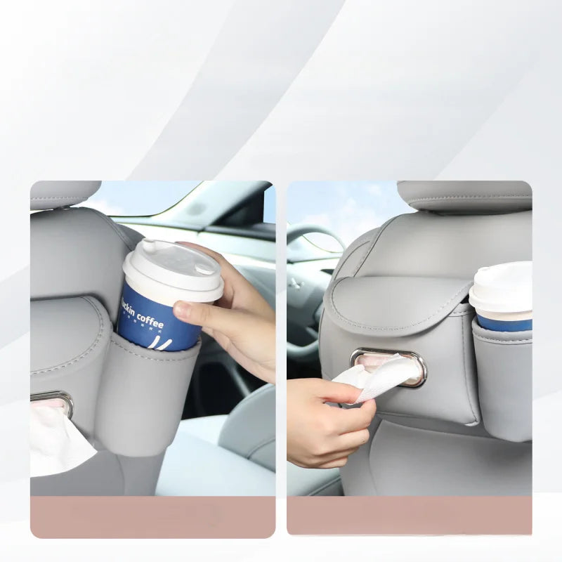 Leather Car Headrest Storage Bag – Backseat Hanging Organizer with Tissue & Cup Holder - Delicate Leather  