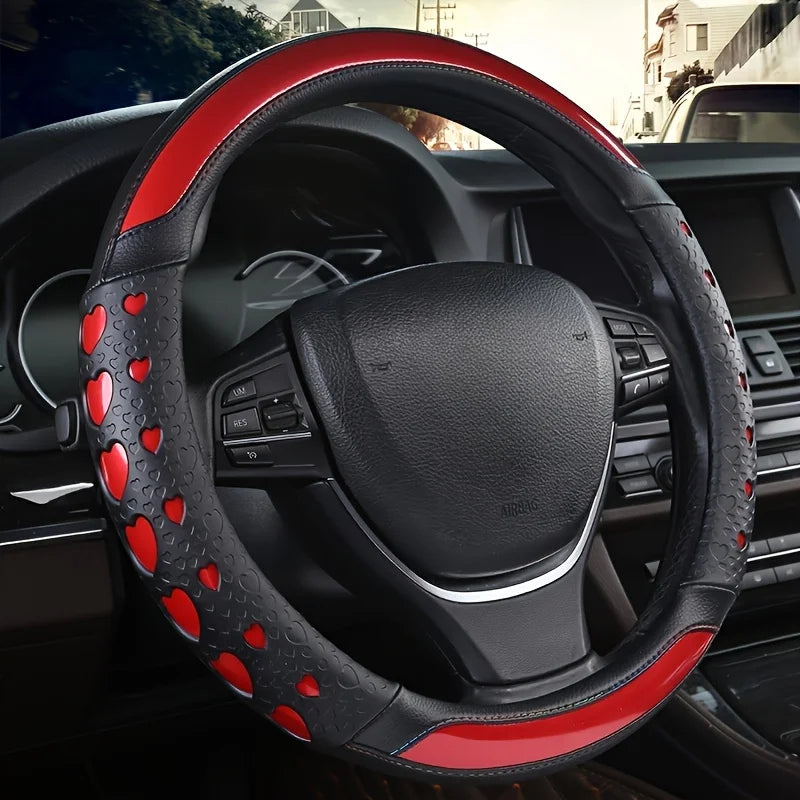 Sweet Heart Design Steering Wheel Cover – PU Leather, Anti-Slip Inner Ring, Universal Fit for Most Vehicles - Delicate Leather  