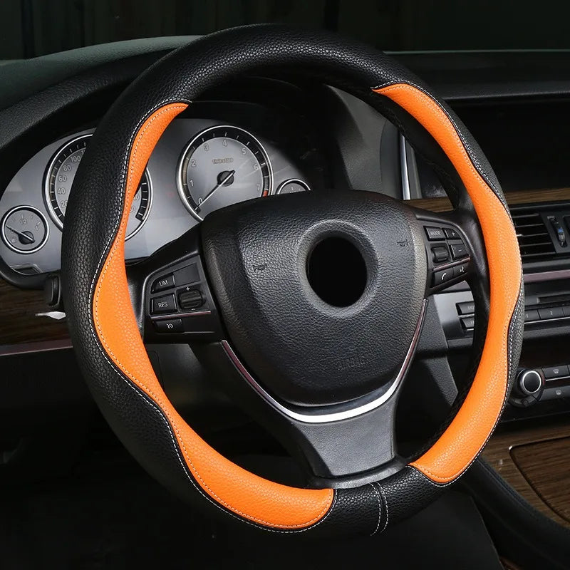 PU Leather Steering Wheel Cover – Anti-Slip 15 Inch Universal Round Interior Accessory - Delicate Leather  