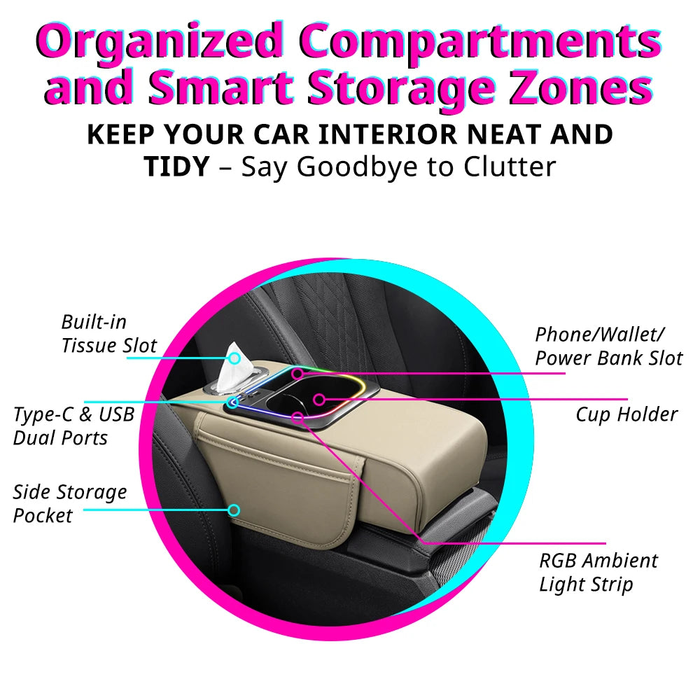 Multi-Functional Car Armrest Cushion with Storage Organizer, Cup Holder, Tissue Slot & Phone Holder - Delicate Leather  