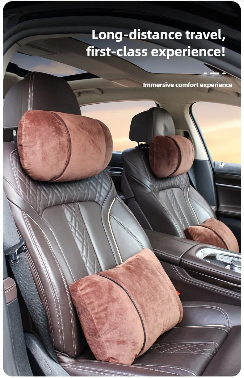 Plush Car Headrest & Lumbar Support Pillow Set – Soft Neck and Waist Seat Cushions - Delicate Leather  