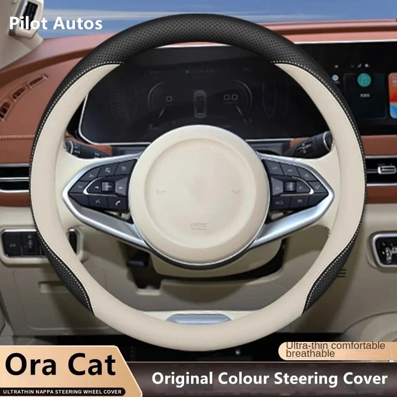 Original Colour Leather Steering Wheel Cover – Breathable Nappa Leather Protector, Custom Fit for ORA CAT / GWM ORA 03 Funky Cat - Delicate Leather  
