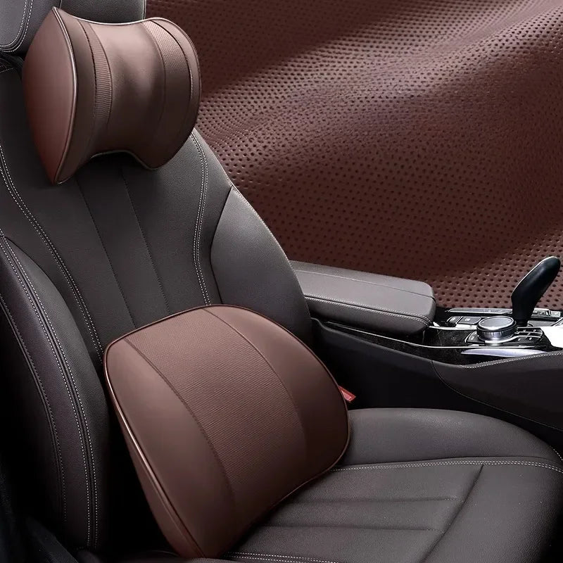 Ventilated Memory Foam Car Neck & Lumbar Pillow – Slow Rebound, Universal Seat Support - Delicate Leather  
