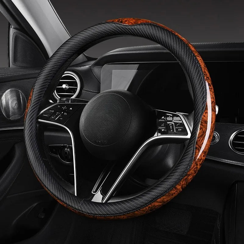 O/D Shape Carbon Fiber Leather Steering Wheel Cover – Universal 37–38cm, Anti-Slip Car Accessory - Delicate Leather  