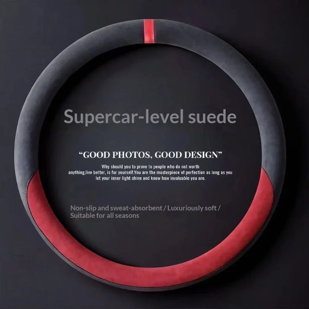 Suede Leather Steering Wheel Cover 37–38cm – Universal Anti-Slip Breathable Grip - Delicate Leather  