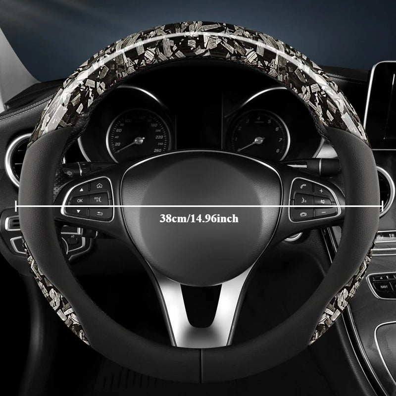 Premium Nappa Leather Steering Wheel Cover – Crystal Forged Carbon, Anti-Slip Rubber Grip, 15-Inch Universal - Delicate Leather  