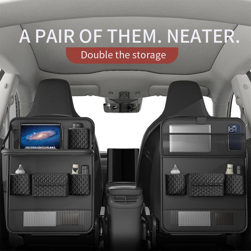 Car Back Seat Organizer with Foldable Table Tray – Multifunctional Storage with Pockets, Durable PVC Leather, Universal Fit - Delicate Leather  