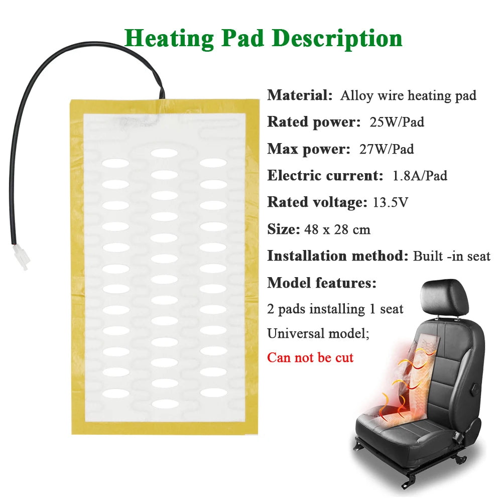 12V Car Seat Heater Kit for 2 Seats – Alloy Wire Heating Pads with 2-Level Control Switch - Delicate Leather  