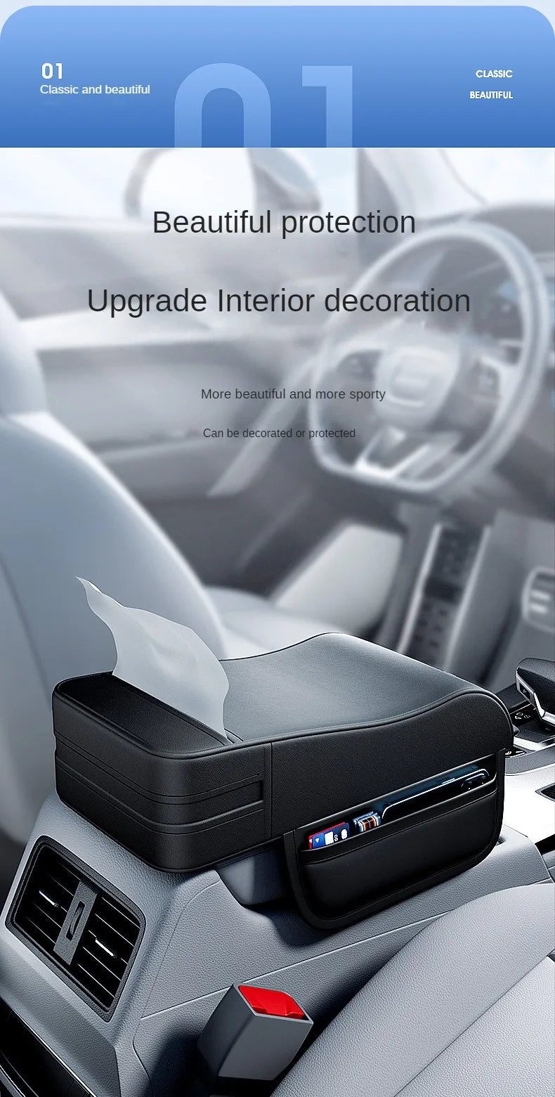 Car Armrest Cushion with Tissue Holder – Leather-Style Height Pad for Center Console - Delicate Leather  