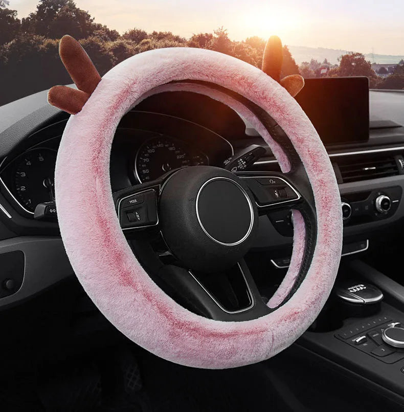 Warm Fluffy Winter Car Steering Wheel Cover – Full-Wrapped Anti-Slip Protector, Universal 38cm Christmas Gift Accessory - Delicate Leather  