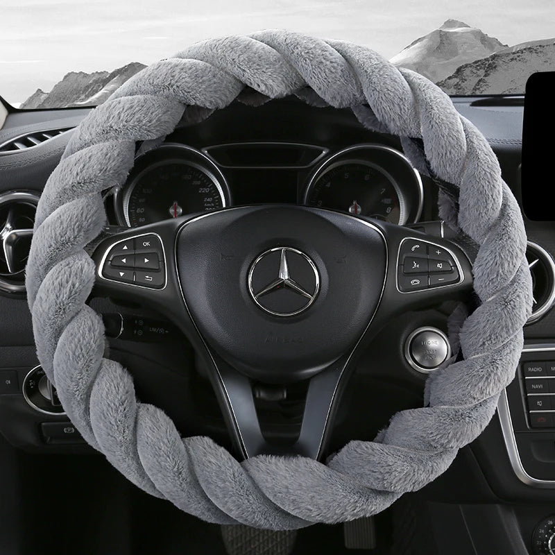 Plush Winter Steering Wheel Cover Universal – Cute Decorative Non-Slip Handle Cover for Car Interior - Delicate Leather  