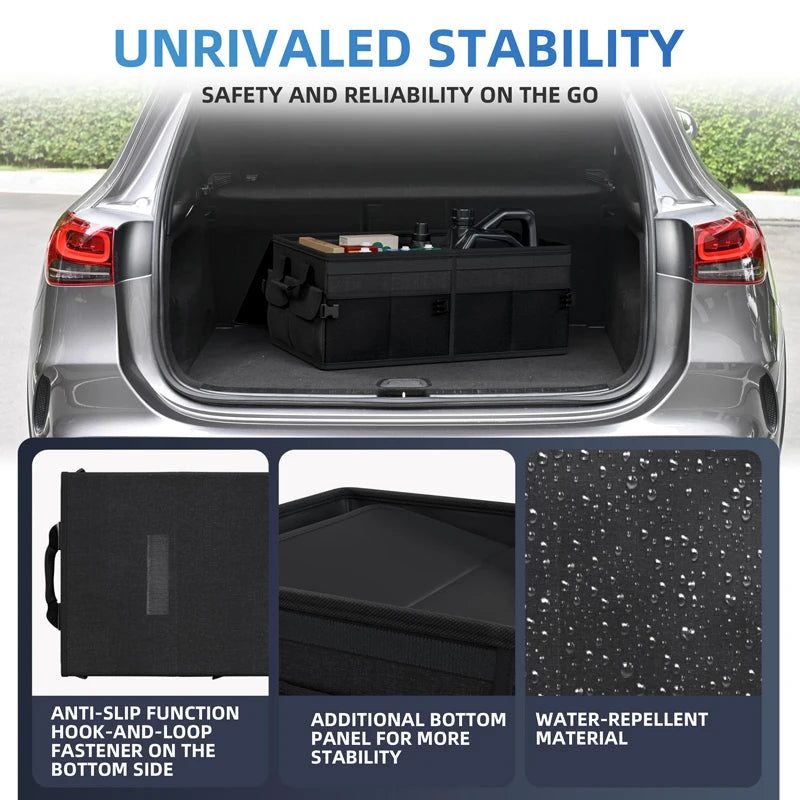 45L Foldable Car Trunk Organizer with Lid – Oxford Fabric Storage Box with Front & Side Pockets - Delicate Leather  