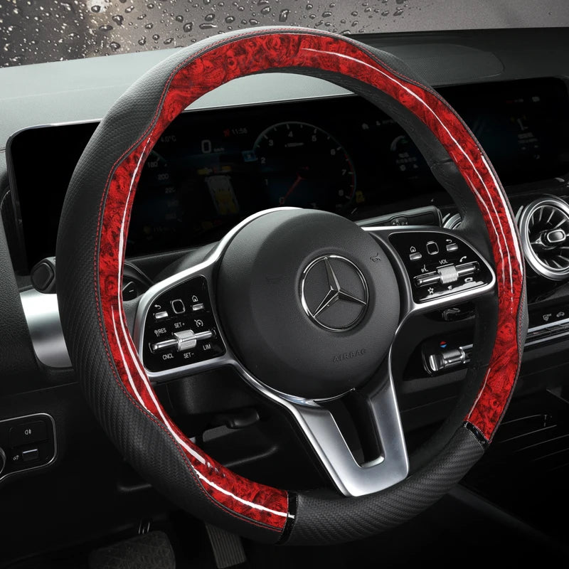 Anti-Slip Leather Steering Wheel Cover – Universal 38cm O/D Shape Protective Wheel Grip - Delicate Leather  