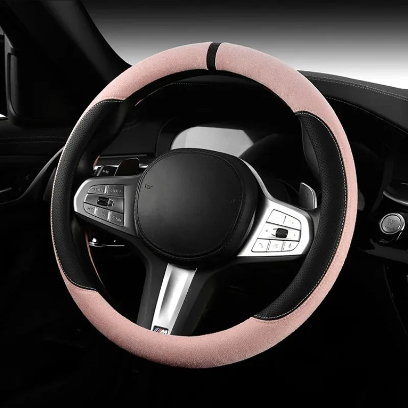 Trendy Four-Season Suede Steering Wheel Cover – Universal Non-Slip Handle Grip, Sporty D-Type Car Steering Wheel Protector - Delicate Leather  