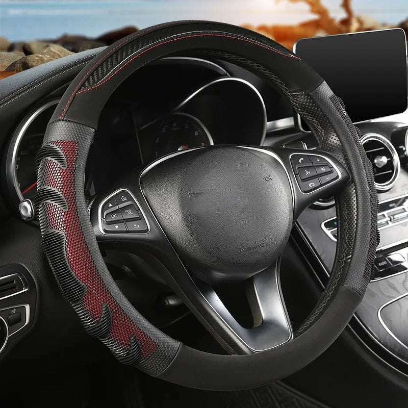Carbon Fiber Leather Steering Wheel Cover – Silicone Honeycomb Grip, Universal Fit 37–38 cm - Delicate Leather  