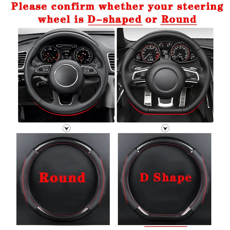 Leather Carbon Fiber Car Steering Wheel Cover – 38cm Non-Slip, Breathable, All-Season - Delicate Leather  