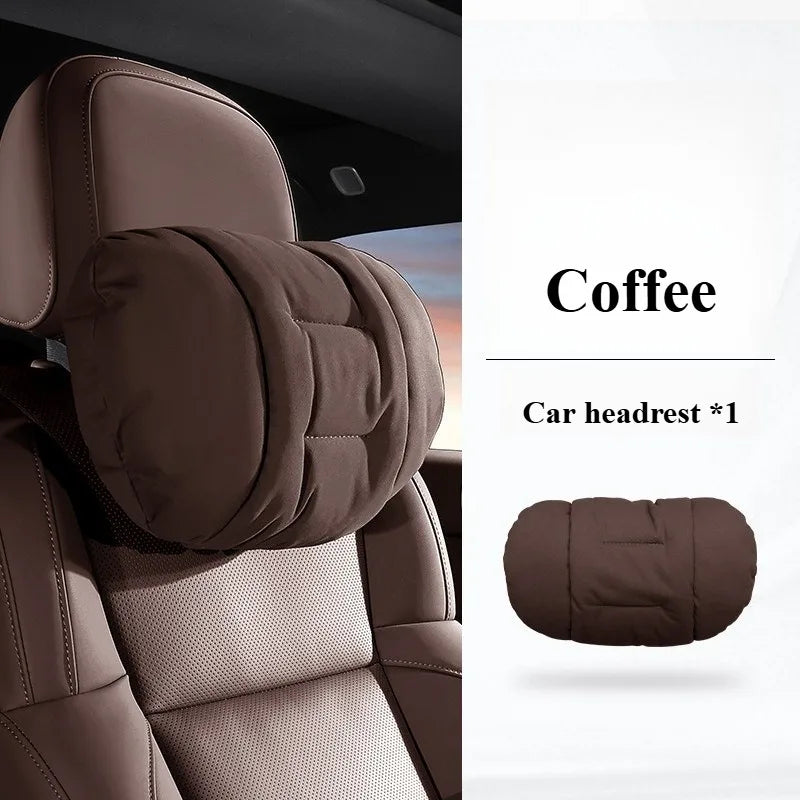Suede Leather Car Headrest & Lumbar Support Pillow Set – Comfortable Neck and Back Cushions - Delicate Leather  