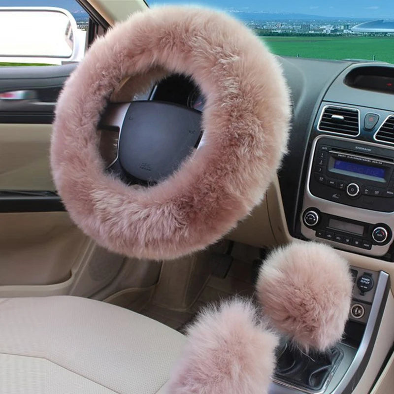 Winter Plush Steering Wheel Cover Set – Fluffy Fleece Warm Non-Slip Handle Cover, Universal Fit - Delicate Leather  