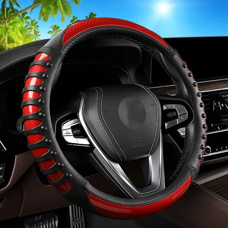 Carbon Fiber Leather Steering Wheel Cover – Universal Non-Slip Grip, Breathable Interior Car Accessory for 14.5–15 Inch Wheels - Delicate Leather  